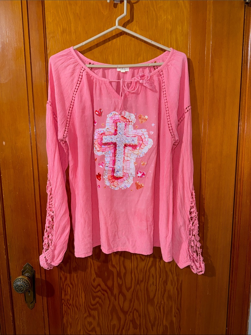 Antilia Femme Pink Boho Cross Embellished Long Sleeve Blouse